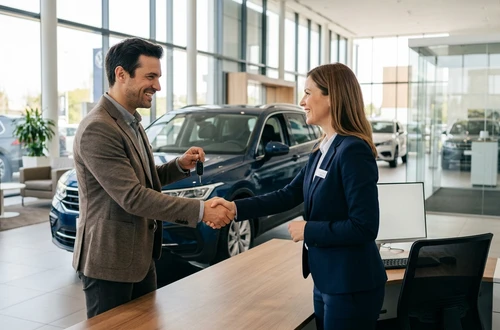 DriveWise lending specialist reviewing a car loan application with a client in a bright modern office